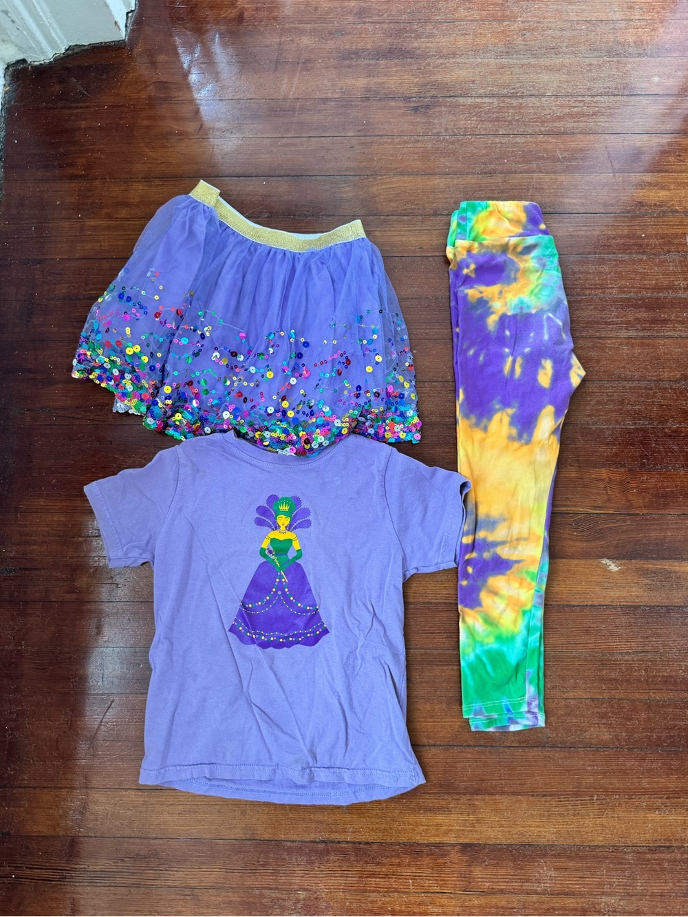 Mardi Gras Kids Bundle - skirt, shirt, Tie-Dye Leggings - Kids Costume